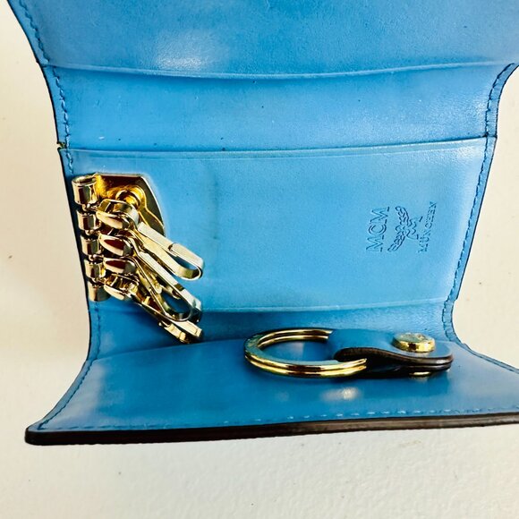 Card & Key Holders | MCM® US MCM BLUE SAFFIANO LEATHER SIGNATURE MONOGRAM LOGO KEY HOLDER